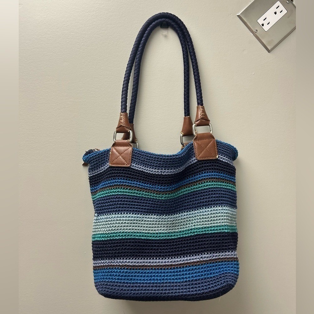 The Sak Women's Striped Knit‎ Leather Shoulder Bag Navy Blue Teal